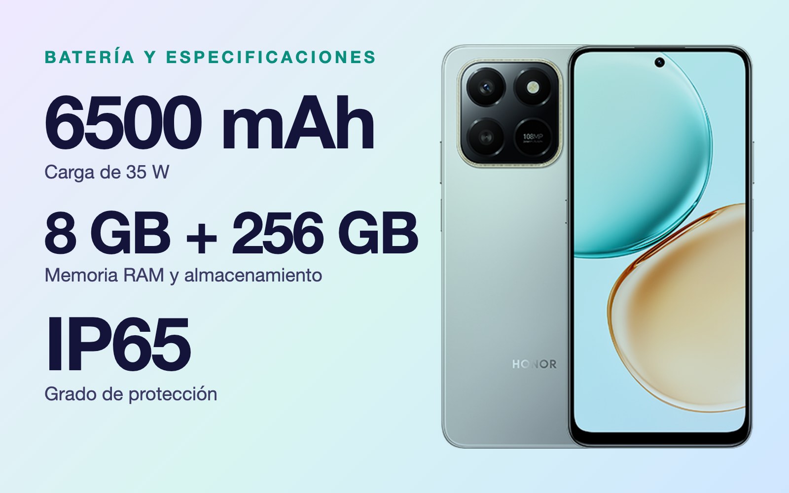Batería y especificaciones: 6500 mAh carga de 35 W, 8 GB + 256 GB Memoria RAM y almacenamiento, IP65 Grado de protección