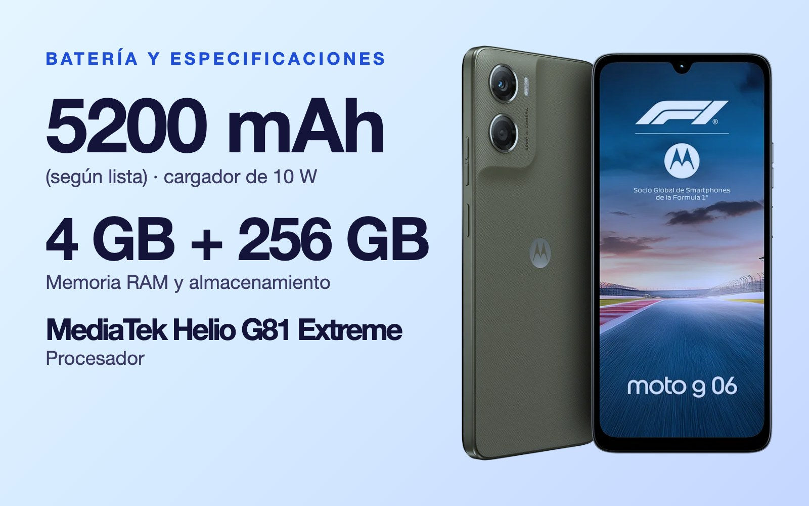 Batería y especificaciones: 5200 mAh (según lista) · cargador de 10 W, 4 GB + 256 GB Memoria RAM y almacenamiento, MediaTek Helio G81 Extreme Procesador
