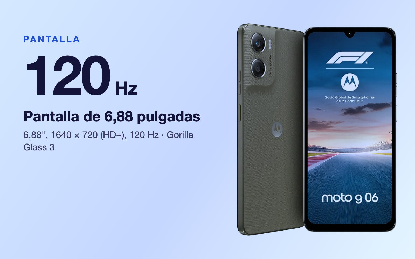 Pantalla: 6,88", 1640 × 720 (HD+), 120 Hz · Gorilla Glass 3