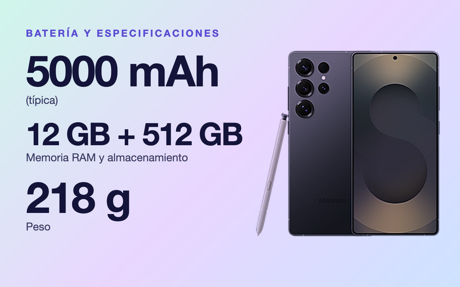 Batería y especificaciones: 5000 mAh (típica), 12 GB + 512 GB Memoria RAM y almacenamiento, 218 g Peso