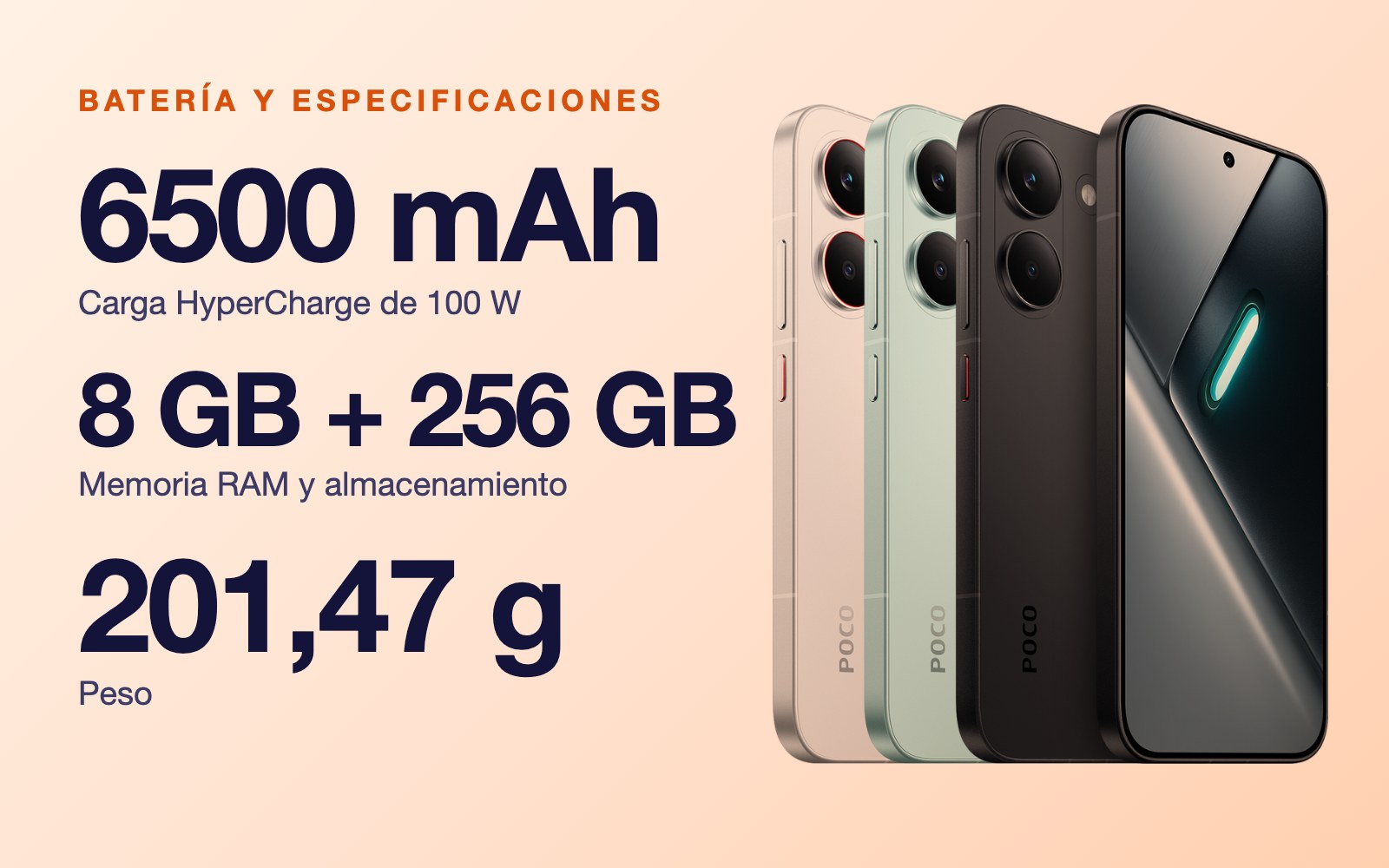 Batería y especificaciones: 6500 mAh carga HyperCharge de 100 W, 8 GB + 256 GB Memoria RAM y almacenamiento, 201,47 g Peso