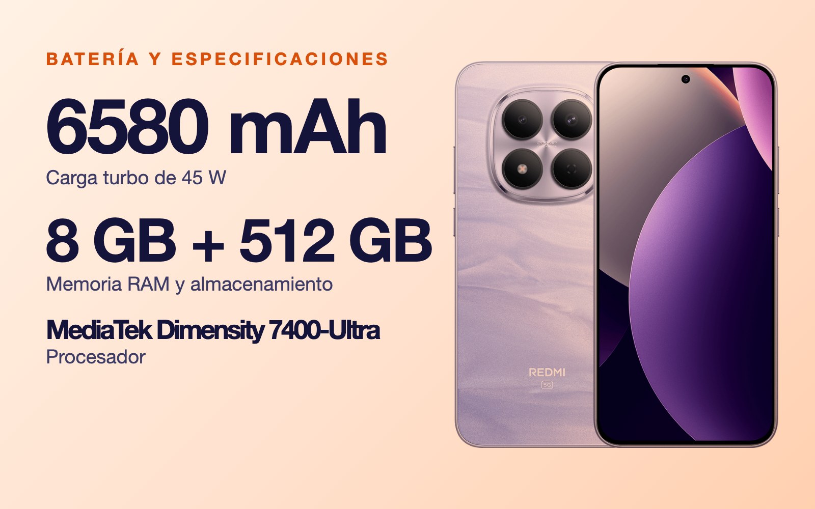 Batería y especificaciones: 6580 mAh carga turbo de 45 W, 8 GB + 512 GB Memoria RAM y almacenamiento, MediaTek Dimensity 7400-Ultra Procesador