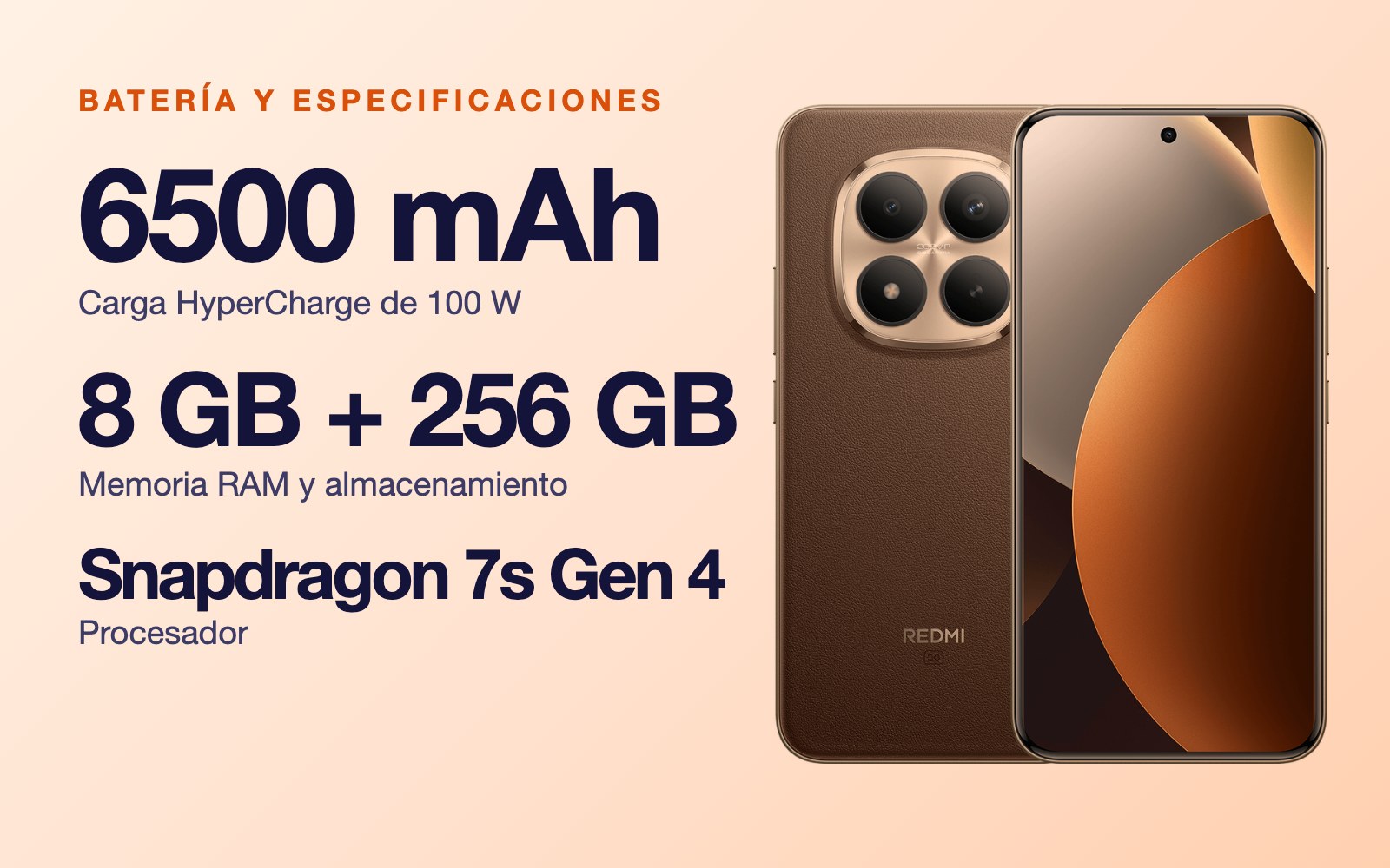 Batería y especificaciones: 6500 mAh carga HyperCharge de 100 W, 8 GB + 256 GB Memoria RAM y almacenamiento, Snapdragon 7s Gen 4 Procesador
