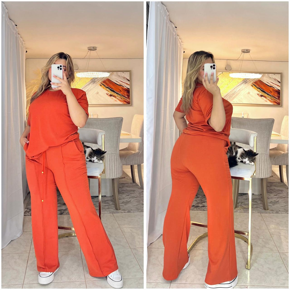 🔥Conjunto pantalón campana con cordón de lujo, complementado con una elegante blusa básica tipo blusón✨