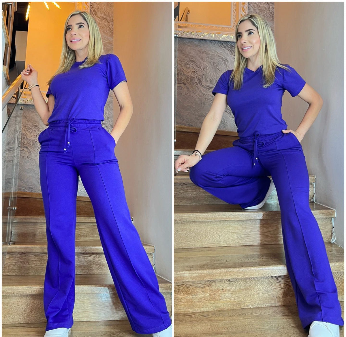 🔥Conjunto pantalón campana con cordón de lujo, complementado con una elegante blusa básica tipo blusón✨