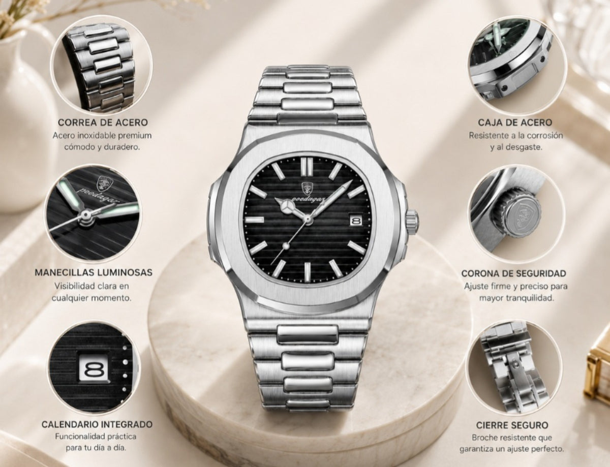 Detalles del reloj Podegar plateado: correa, caja, corona y fechador