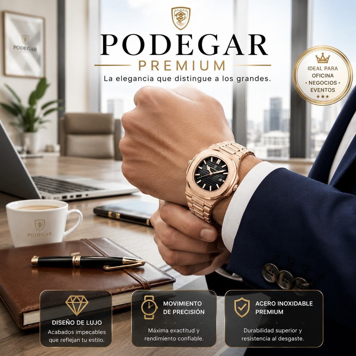 Reloj Podegar oro rosa en la muñeca con traje de oficina