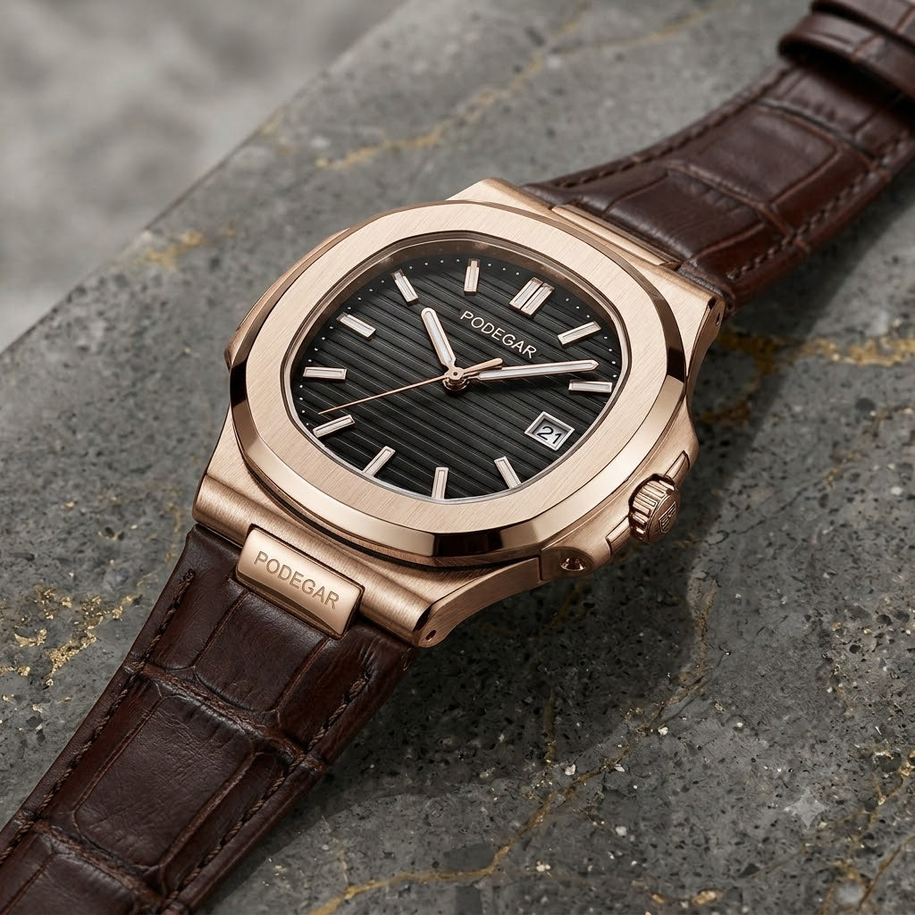 Reloj Podegar oro rosa con correa de cuero café