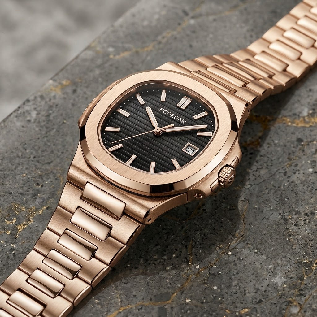 Reloj Podegar oro rosa con brazalete metálico y esfera negra