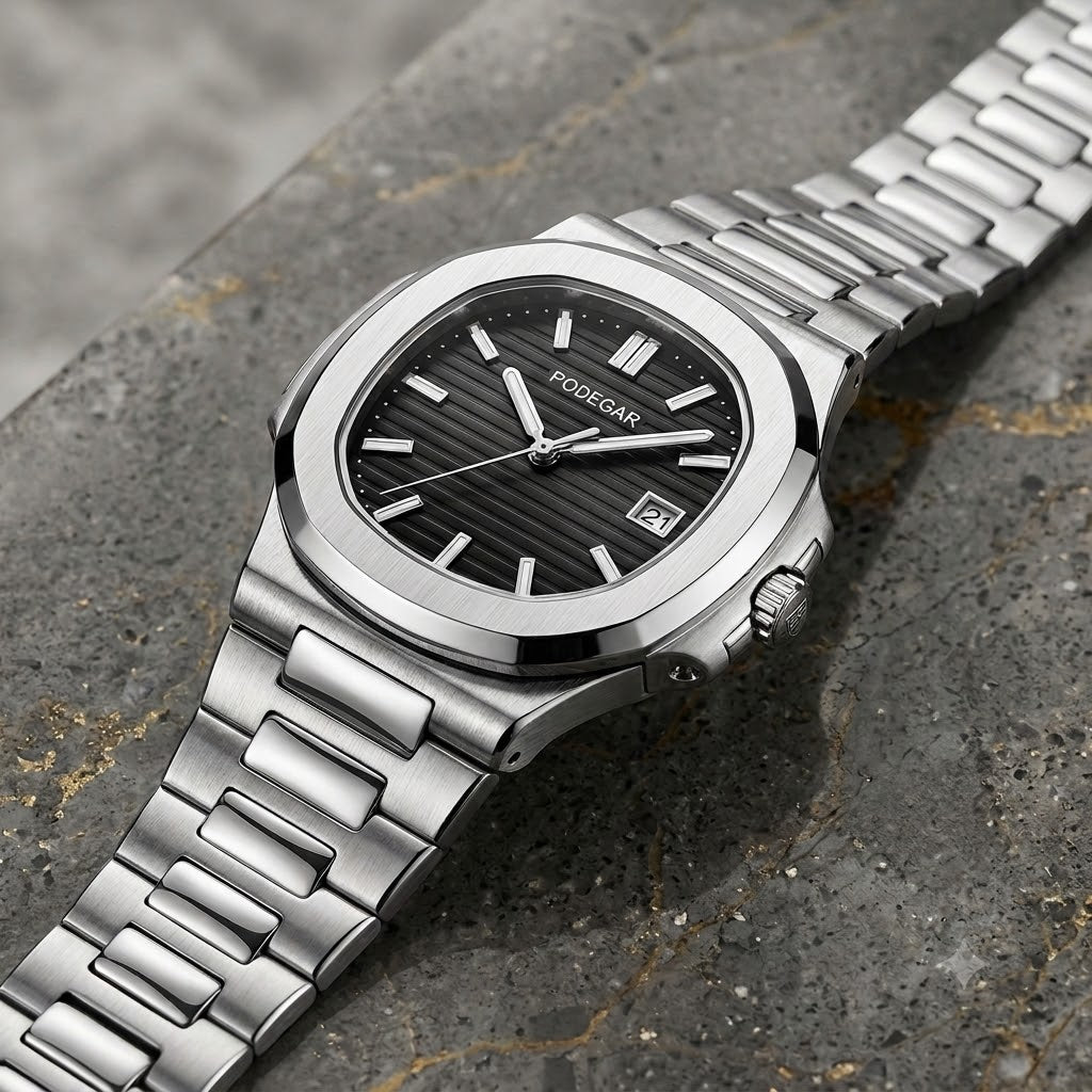 Reloj Podegar plateado en acero con esfera negra y fechador