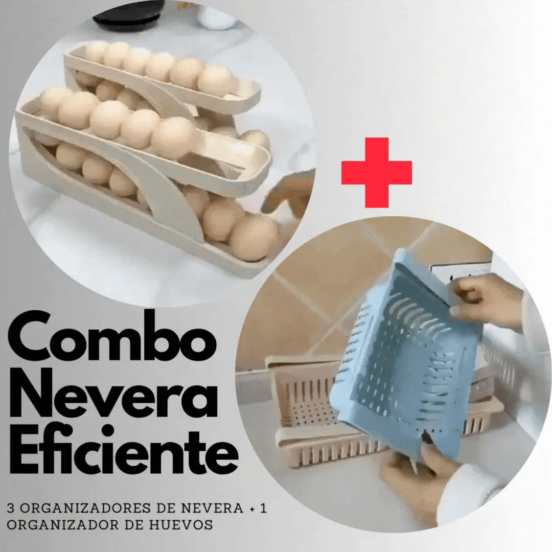 Combo Nevera Eficiente (3 Organizadores de Nevera Expandibles + 1 Organizador de Huevos)