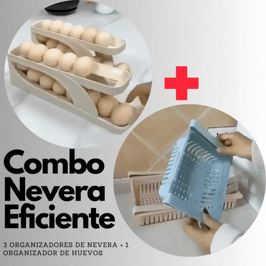 Combo Nevera Eficiente (3 Organizadores de Nevera Expandibles + 1 Organizador de Huevos)