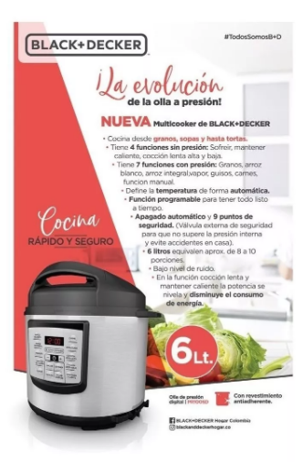 Olla de presión digital Multifuncional Black+decker de 6lt.
