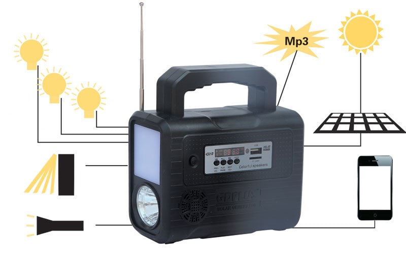 Kit Panel Solar + 4 Bombillos + Luz + Power Bank Radio Autos GD-8028