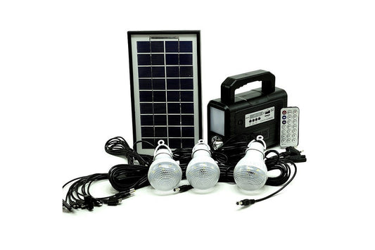 Kit Panel Solar + 4 Bombillos + Luz + Power Bank Radio Autos GD-8028