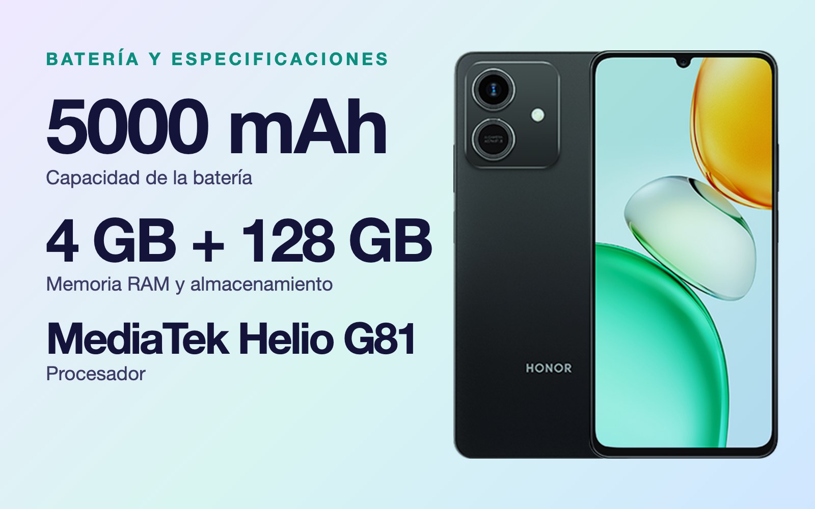 Batería y especificaciones: 5000 mAh Capacidad de la batería, 4 GB + 128 GB Memoria RAM y almacenamiento, MediaTek Helio G81 Procesador