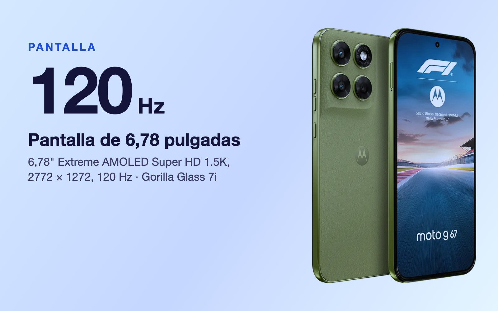 Pantalla: 6,78" Extreme AMOLED Super HD 1.5K, 2772 × 1272, 120 Hz · Gorilla Glass 7i