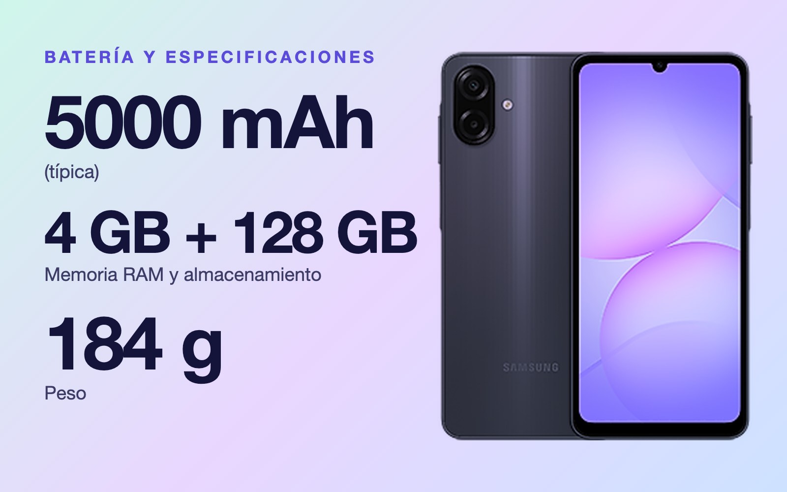 Batería y especificaciones: 5000 mAh (típica), 4 GB + 128 GB Memoria RAM y almacenamiento, 184 g Peso