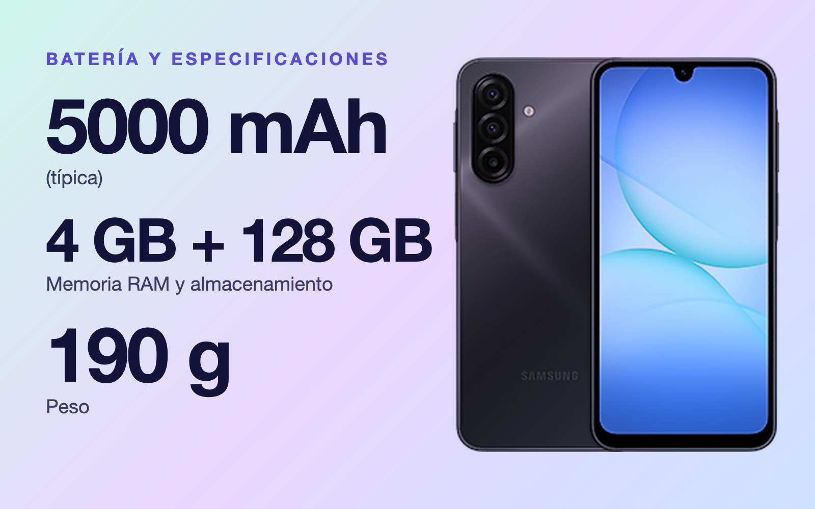 Batería y especificaciones: 5000 mAh (típica), 4 GB + 128 GB Memoria RAM y almacenamiento, 190 g Peso