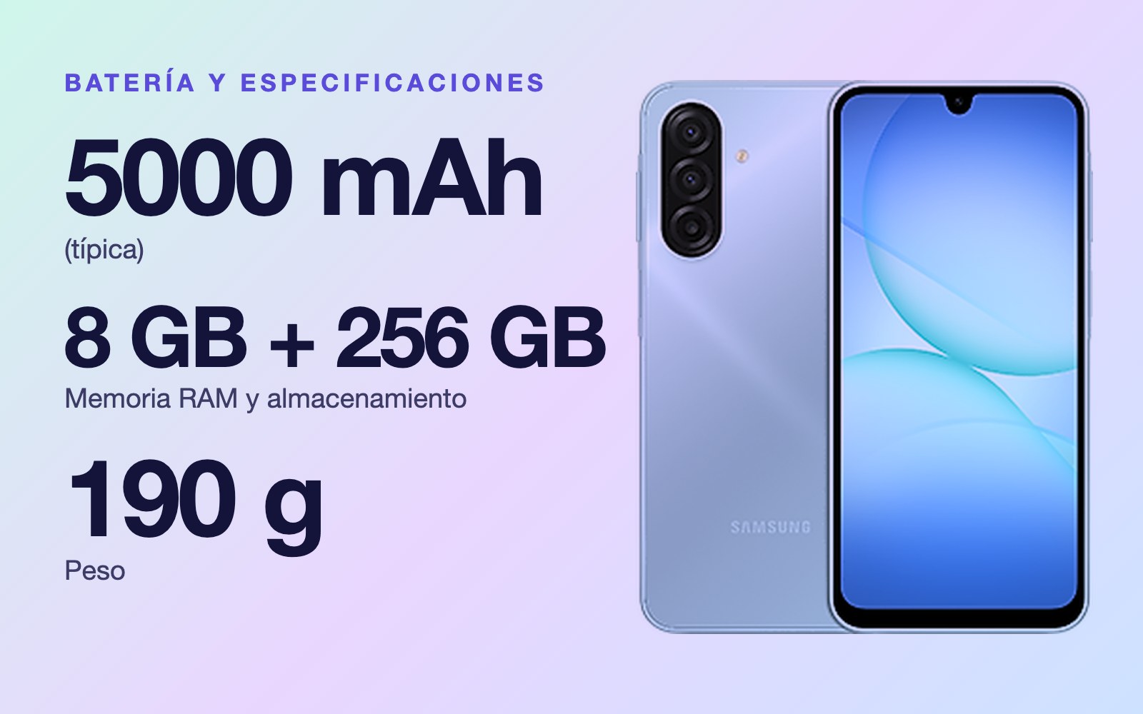Batería y especificaciones: 5000 mAh (típica), 8 GB + 256 GB Memoria RAM y almacenamiento, 190 g Peso