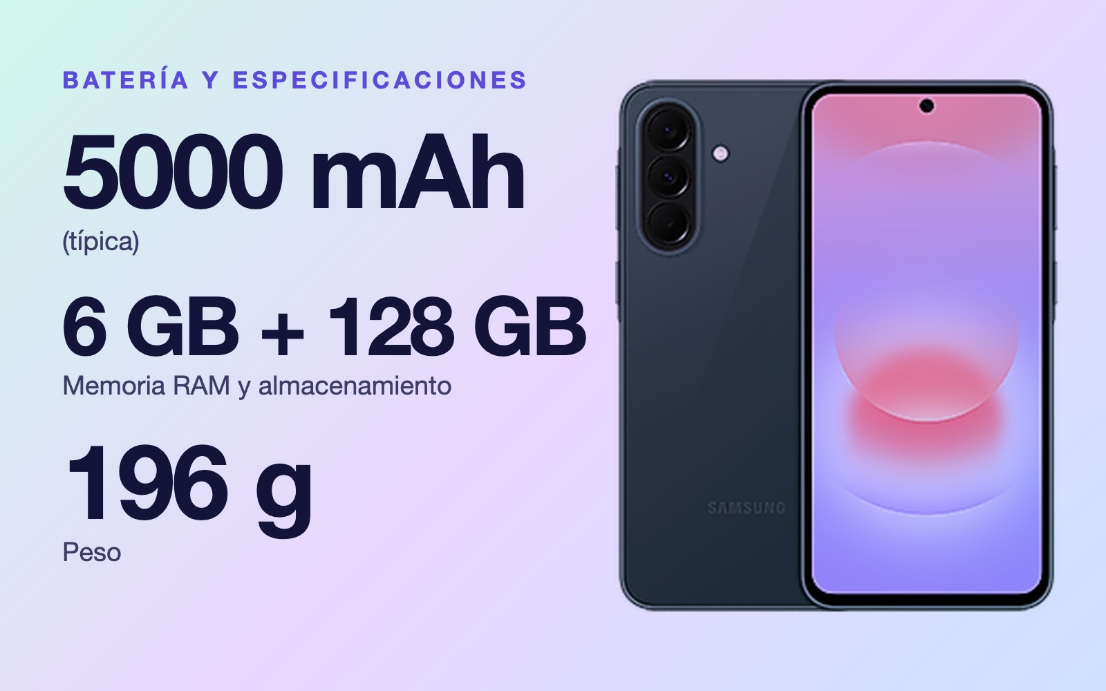 Batería y especificaciones: 5000 mAh (típica), 6 GB + 128 GB Memoria RAM y almacenamiento, 196 g Peso