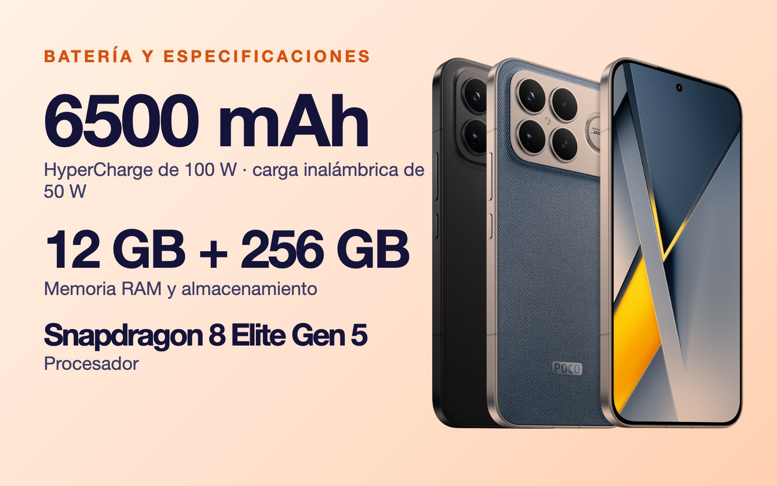 Batería y especificaciones: 6500 mAh HyperCharge de 100 W · carga inalámbrica de 50 W, 12 GB + 256 GB Memoria RAM y almacenamiento, Snapdragon 8 Elite Gen 5 Procesador