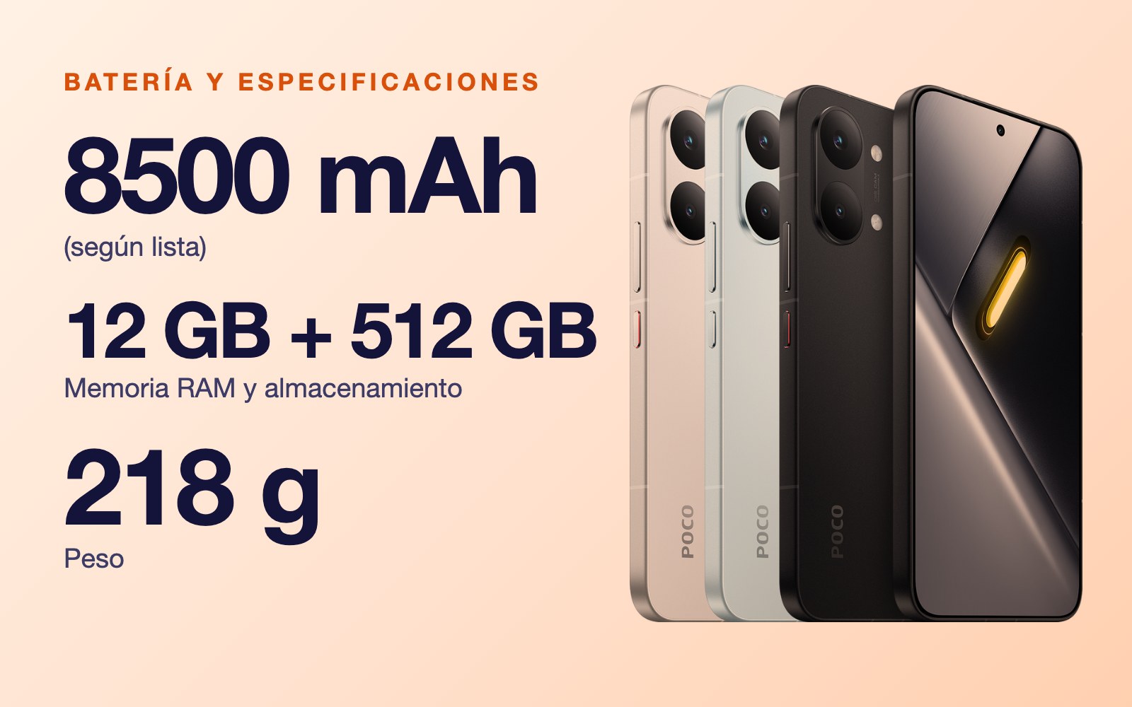 Batería y especificaciones: 8500 mAh (según lista), 12 GB + 512 GB Memoria RAM y almacenamiento, 218 g Peso