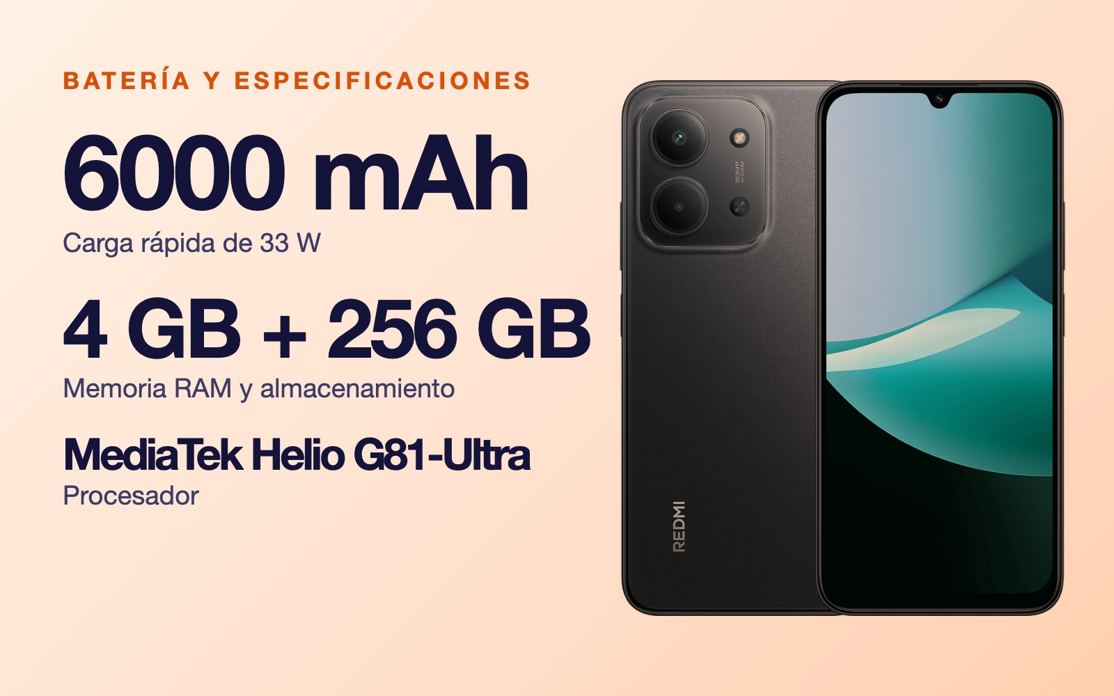 Batería y especificaciones: 6000 mAh carga rápida de 33 W, 4 GB + 256 GB Memoria RAM y almacenamiento, MediaTek Helio G81-Ultra Procesador