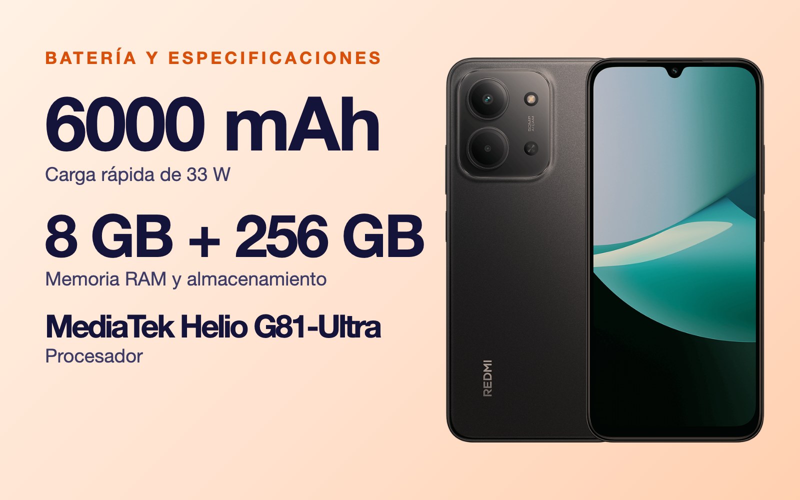 Batería y especificaciones: 6000 mAh carga rápida de 33 W, 8 GB + 256 GB Memoria RAM y almacenamiento, MediaTek Helio G81-Ultra Procesador