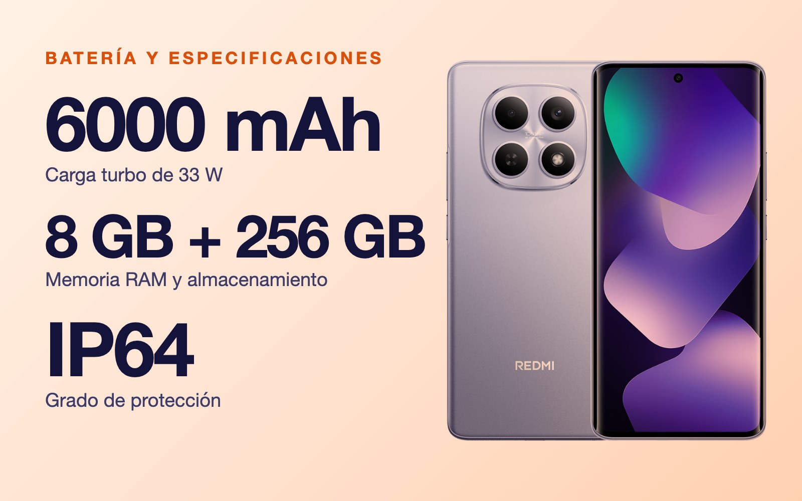 Batería y especificaciones: 6000 mAh carga turbo de 33 W, 8 GB + 256 GB Memoria RAM y almacenamiento, IP64 Grado de protección
