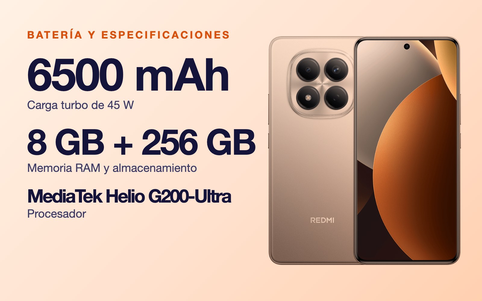 Batería y especificaciones: 6500 mAh carga turbo de 45 W, 8 GB + 256 GB Memoria RAM y almacenamiento, MediaTek Helio G200-Ultra Procesador