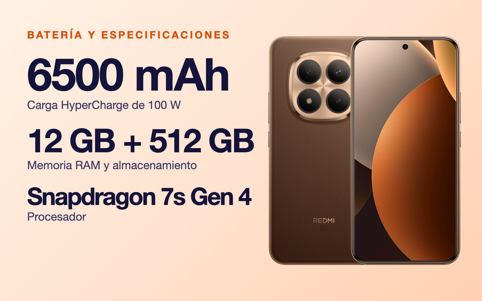 Batería y especificaciones: 6500 mAh carga HyperCharge de 100 W, 12 GB + 512 GB Memoria RAM y almacenamiento, Snapdragon 7s Gen 4 Procesador