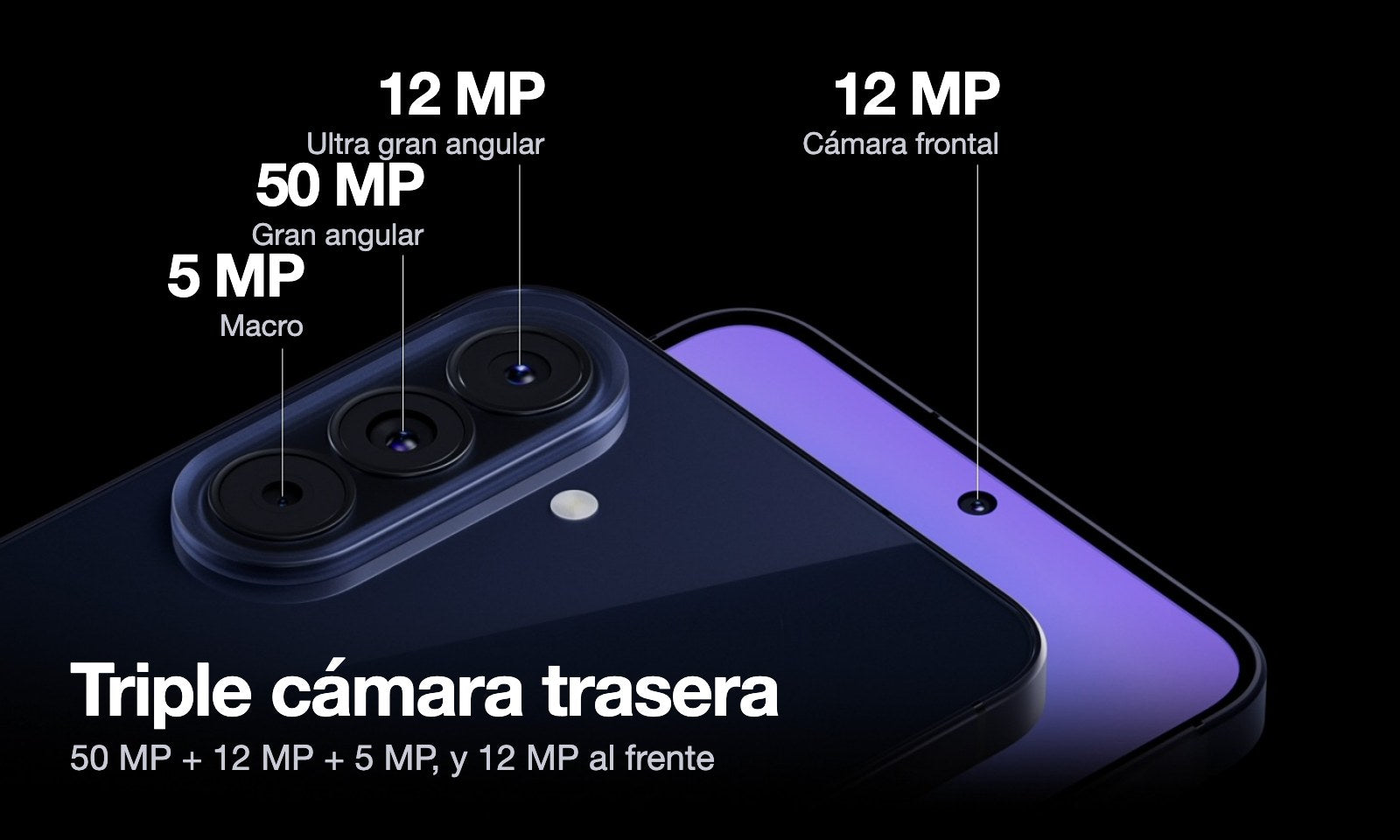Triple cámara trasera de 50 MP, 12 MP y 5 MP, y cámara frontal de 12 MP