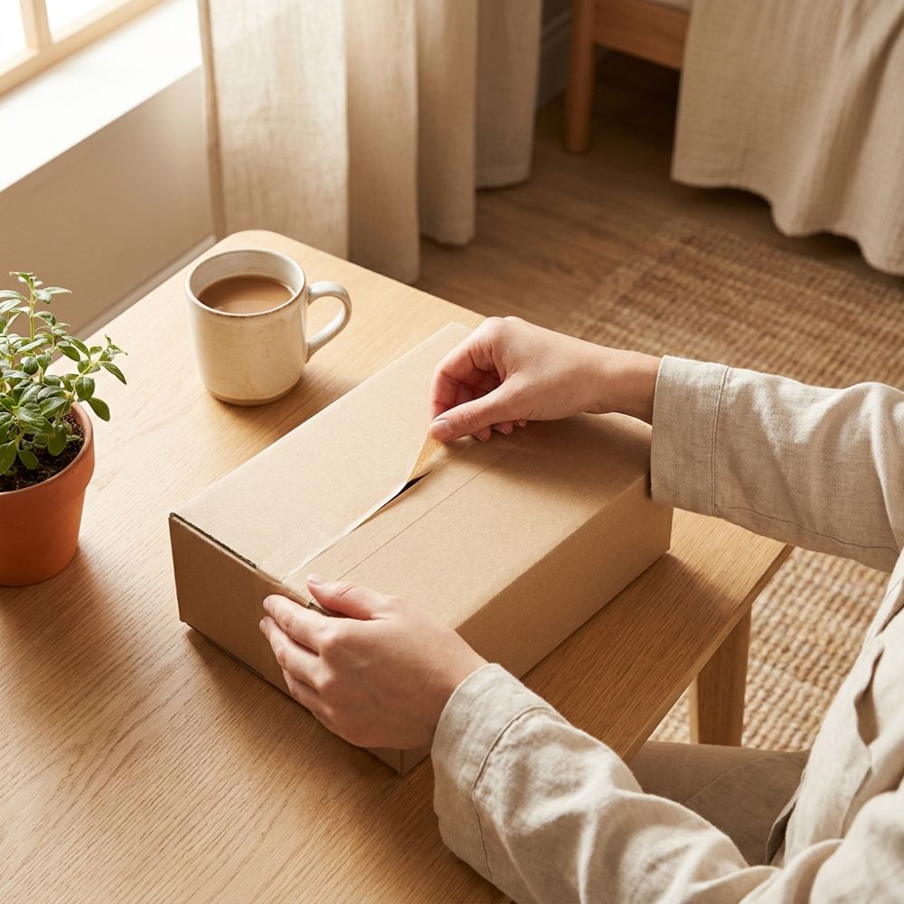 Manos abriendo un paquete sobre una mesa